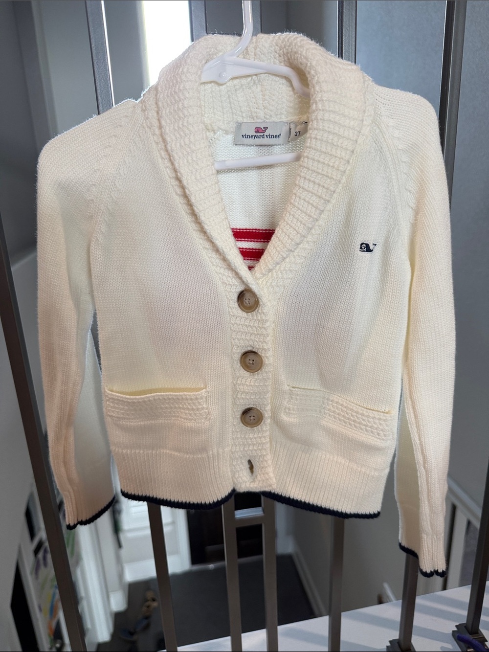 Vineyard Vines Cream Knit Shawl-Collar Cardigan with Navy Trim